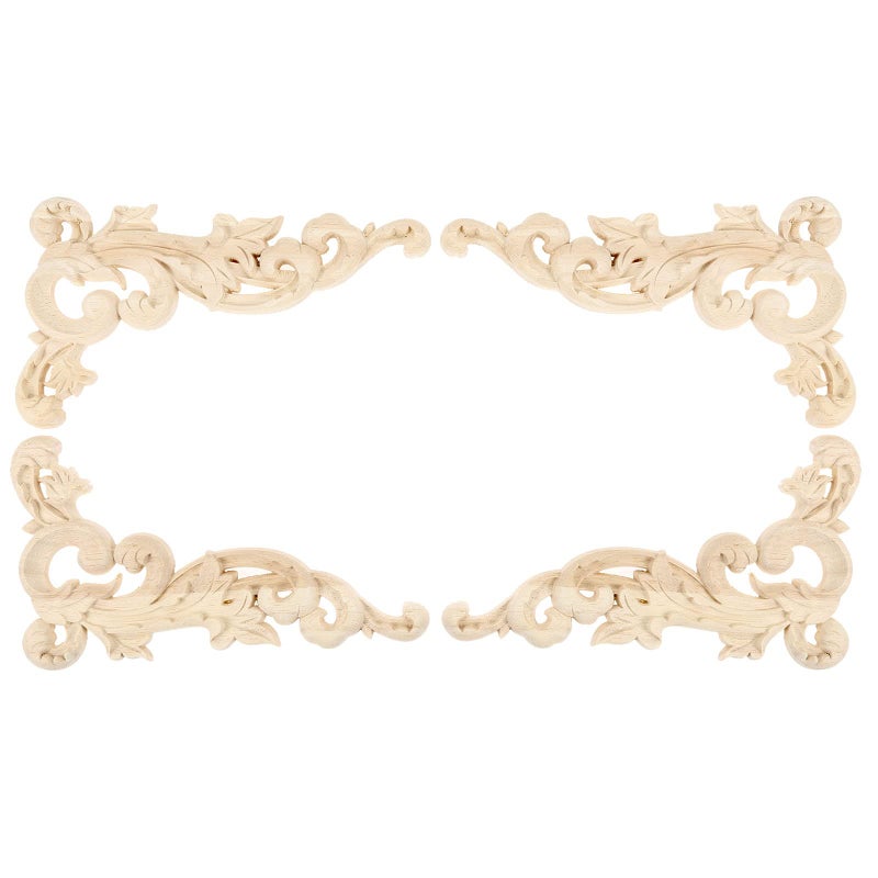 MUXSAM Wood Carved Appliques Onlays, 2-Pair Unpainted Wooden Carvings Decal Corner Decorative Plaques for Wall Cabinet Cupboard Mirrors Fireplace Closet Dresser Doors DIY Project, 19x11cm/7.48"x4.33" - Image 1